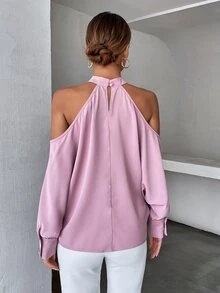 Blusa de cuello alto de hombros descubiertos de manga murciélago - Rosa - Ver 2