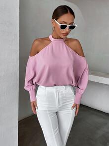 Blusa de cuello alto de hombros descubiertos de manga murciélago - Rosa - Ver 3