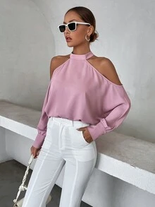 Blusa de cuello alto de hombros descubiertos de manga murciélago - Rosa - Ver 4
