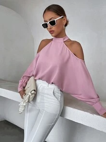 Blusa de cuello alto de hombros descubiertos de manga murciélago - Rosa - Ver 5
