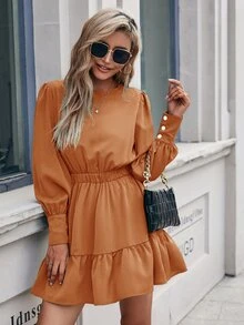 SHEIN Privé Vestido unicolor de espalda con abertura de ojo bajo con fruncido con diseño de botón - Marrón - Ver 6