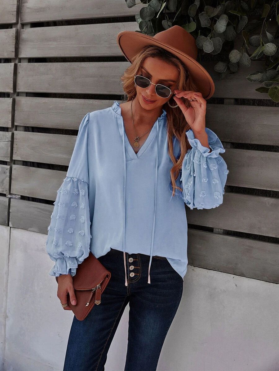 SHEIN LUNE Blusa de lunares ribete fruncido - Azul - Ver 1
