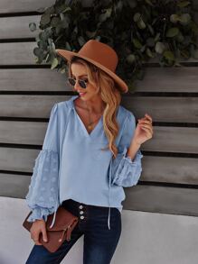 SHEIN LUNE Blusa de lunares ribete fruncido - Azul - Ver 4
