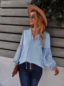 SHEIN LUNE Blusa de lunares ribete fruncido - Azul - Ver 3