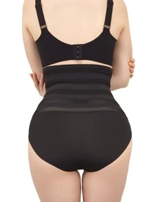 Women's Black High Stretch Casual Shapewear Shorts Briefs Long Length Plain Fabric Sheer Contrast Lace Detail - Black - View 2