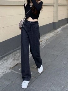 素色高腰闊腿牛仔褲
