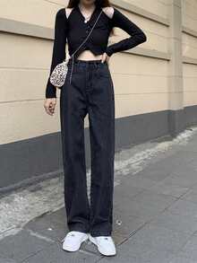 素色高腰闊腿牛仔褲
