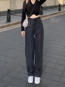 素色高腰闊腿牛仔褲