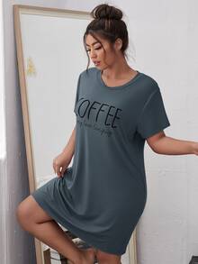 Đầm mặc nhà Kích Thước Lớn Slogan Giải trí - Màu xám đen - Xem 3