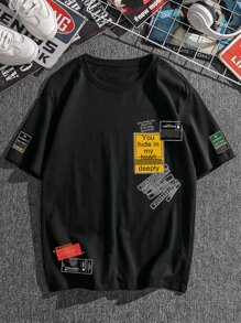 Manfinity Roghcode Hombres Camiseta con estampado de slogan - Negro - Ver 1