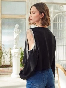 SHEIN Cutout Fringe Trim Pullover - Black - View 2