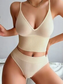 Plain Seamless Lingerie Set - Beige - View 3