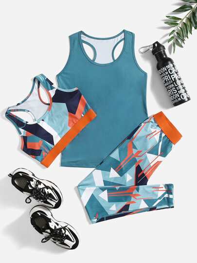 يمتص العرق ويسمح بالتهوية مجموعة يوجا بطباعة جغرافية ملابس رياضية حمالة صدر ظهر متسابق وخزان وبنطلونات ضيقة 3 قطع