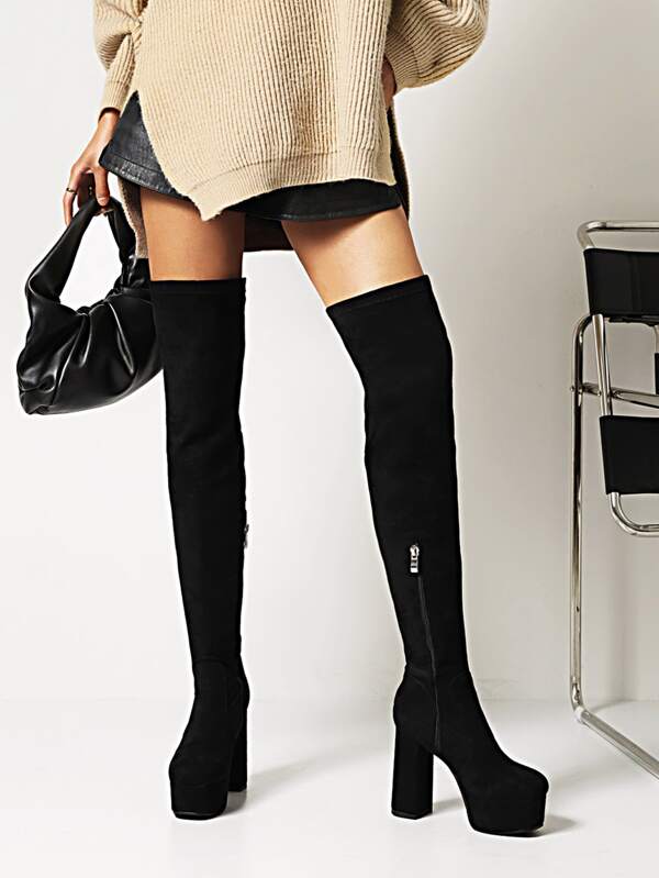 Women Minimalist Knee Back Faux Suede Side Zip Chunky Heeled Over Knee