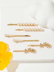 6 cái Faux Pearl & Star Decor Hair Clip - Vàng - Xem 1