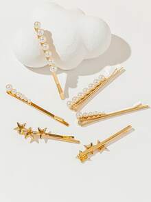 6 cái Faux Pearl & Star Decor Hair Clip - Vàng - Xem 3