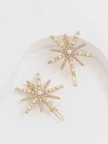 2pcs Rhinestone & Faux Pearl Decor Hair Clip Elegant,Y2k - Gold - View 1