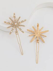 2pcs Rhinestone & Faux Pearl Decor Hair Clip Elegant,Y2k - Gold - View 3