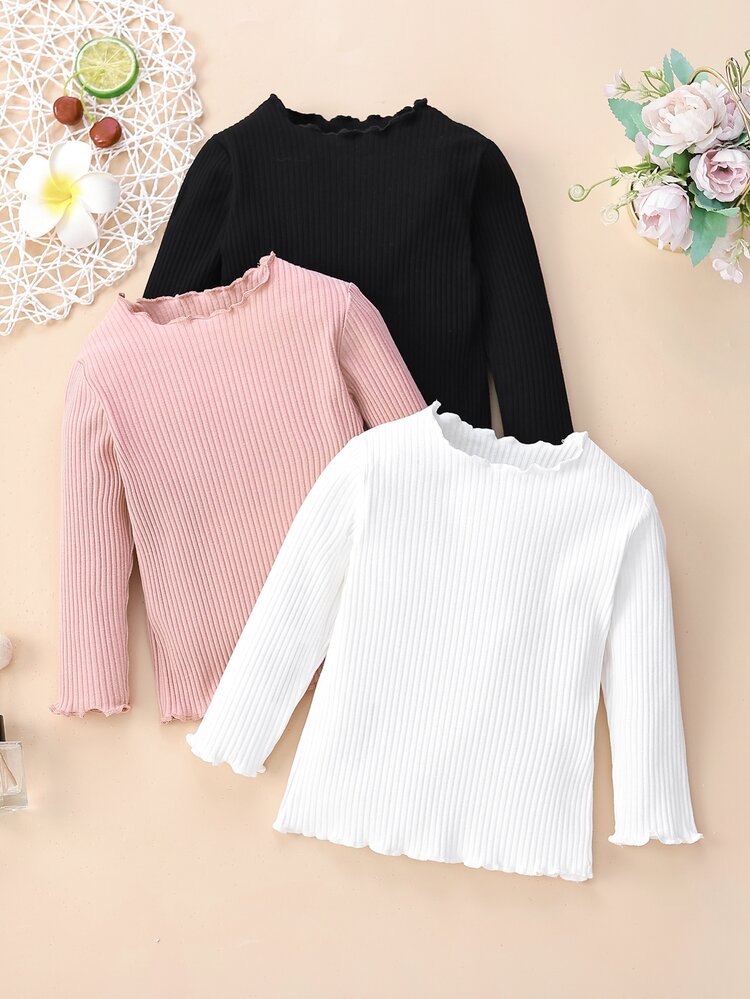 Baby 3pcs Ribbed Knit Lettuce Trim Top - Multicolor - View 1