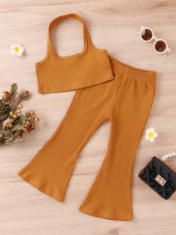 嬰兒條紋針織掛脖上衣和喇叭褲