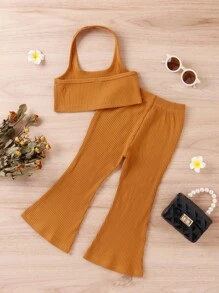 嬰兒條紋針織掛脖上衣和喇叭褲 - 棕色 - 查看 2