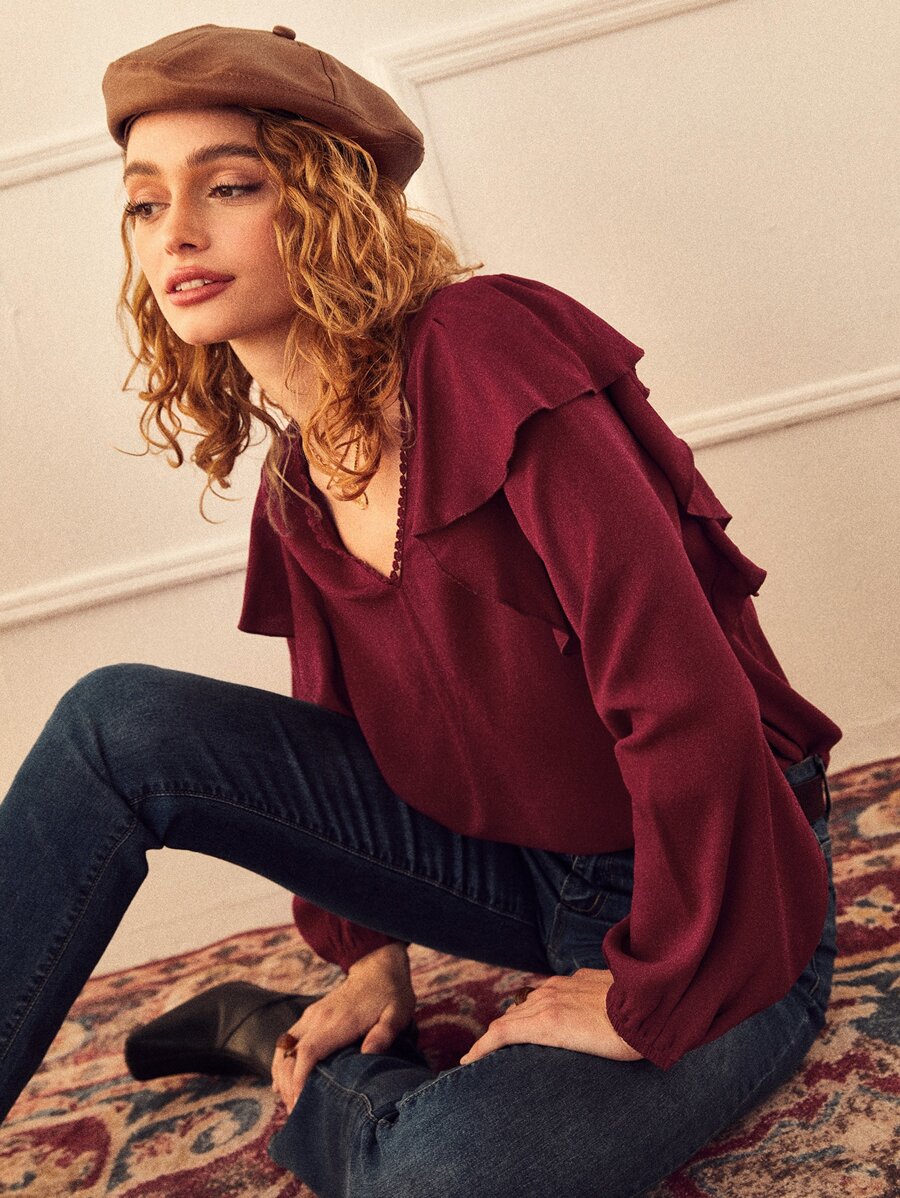 SHEIN Guipure Lace Detail Ruffle Trim Bishop Sleeve Blouse - Burgundy - View 1
