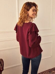 SHEIN Guipure Lace Detail Ruffle Trim Bishop Sleeve Blouse - Burgundy - View 2