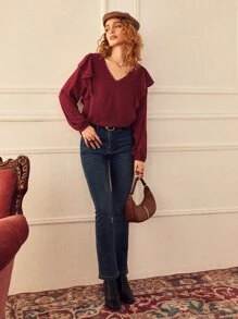 SHEIN Guipure Lace Detail Ruffle Trim Bishop Sleeve Blouse - Burgundy - View 3