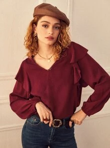 SHEIN Guipure Lace Detail Ruffle Trim Bishop Sleeve Blouse - Burgundy - View 4