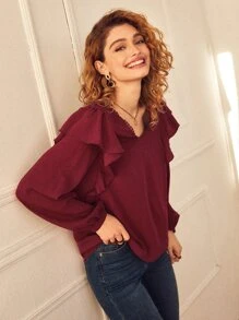 SHEIN Guipure Lace Detail Ruffle Trim Bishop Sleeve Blouse - Burgundy - View 5