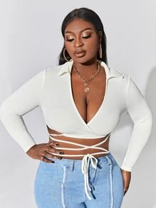 SHEIN SXY Plus Cross Wrap Knot Crop Top - White - View 1
