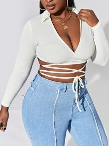 SHEIN SXY Plus Cross Wrap Knot Crop Top - White - View 3