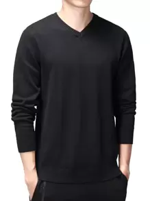 Hombres Jersey unicolor manga larga - Negro - Ver 1