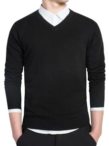 Hombres Jersey unicolor manga larga - Negro - Ver 3