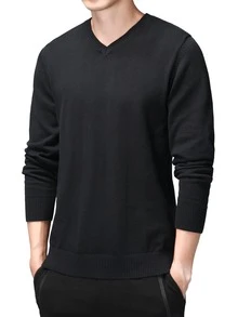 Hombres Jersey unicolor manga larga - Negro - Ver 4