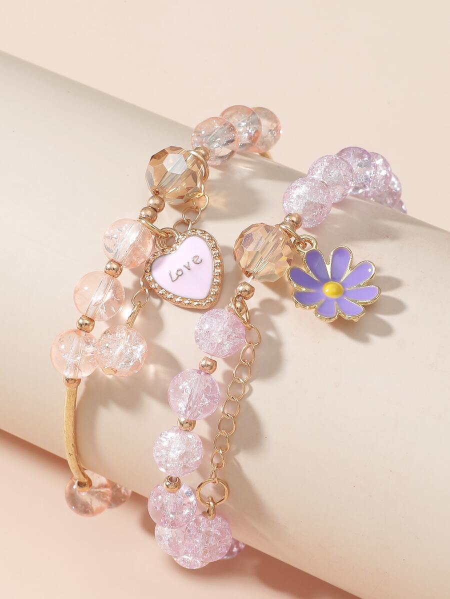 2pcs Flower Charm Beaded Bracelet - Multicolor - View 1