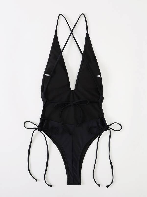 SHEIN Swim Basics Drawstring Plunging Neck One Piece Swimsuit SHEIN USA