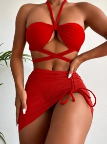 SHEIN Swim 多用途繫帶比基尼套裝交叉文胸和丁字褲下裝和抽繩沙灘纏腰式半身裙3入組泳衣 - 紅色 - 查看 1