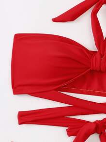 SHEIN Swim 多用途繫帶比基尼套裝交叉文胸和丁字褲下裝和抽繩沙灘纏腰式半身裙3入組泳衣 - 紅色 - 查看 4