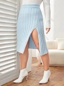 SHEIN Privé 大碼高腰下擺開叉毛衣半身裙 - 薄荷藍 - 查看 1