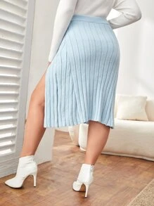SHEIN Privé 大碼高腰下擺開叉毛衣半身裙 - 薄荷藍 - 查看 2