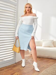 SHEIN Privé 大碼高腰下擺開叉毛衣半身裙 - 薄荷藍 - 查看 3