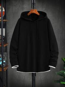Manfinity Men Contrast Binding Raglan Sleeve Drawstring Hooded Jumper - Black - View 1