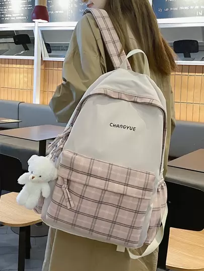 Waterproof,Lightweight Plaid Graphic Doll Decor Backpack School Bag For Graduate, Teen Girls, Freshman, Sophomore, Junior & Senior In College, University & High School, Perfect For Outdoors ,Travel & Back To SchoolSchool Backpack,Large Capacity,Portable,Lightweight, Suitable For Teen Girls Women College Students,Boys And Men, Perfect For Back To School,College,Elementary School,Middle School, High School,Work , Business, Commute, Street & Japanese Style Women Bag