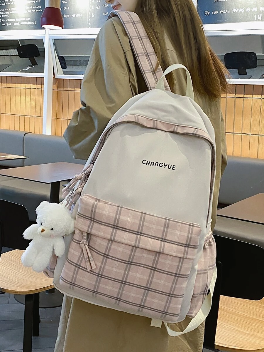 Waterproof,Lightweight Plaid Graphic Doll Decor Backpack School Bag For Graduate, Teen Girls, Freshman, Sophomore, Junior & Senior In College, University & High School, Perfect For Outdoors ,Travel & Back To SchoolSchool Backpack,Large Capacity,Portable,Lightweight, Suitable For Teen Girls Women College Students,Boys And Men, Perfect For Back To School,College,Elementary School,Middle School, High School,Work , Business, Commute, Street & Japanese Style Women Bag - Baby Pink - View 1