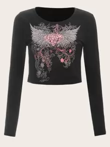 ROMWE Camiseta corta con corazón & ala con estampado con diamante de imitación - Negro - Ver 1