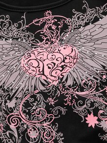 ROMWE Camiseta corta con corazón & ala con estampado con diamante de imitación - Negro - Ver 4