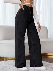 Floral Embroidery Wide Leg Jeans - Black - View 3