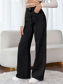 Floral Embroidery Wide Leg Jeans - Black - View 4