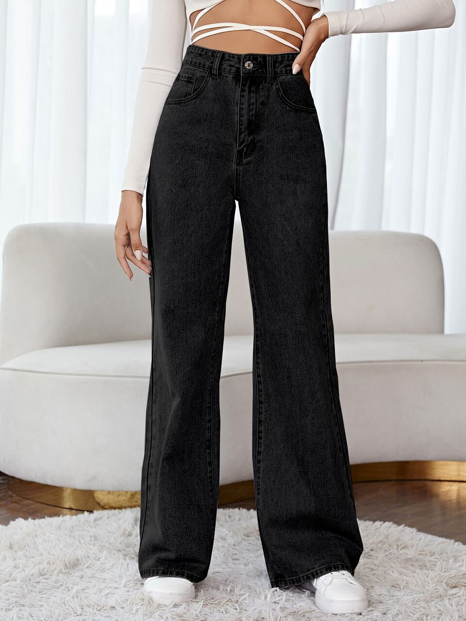Floral Embroidery Wide Leg Jeans